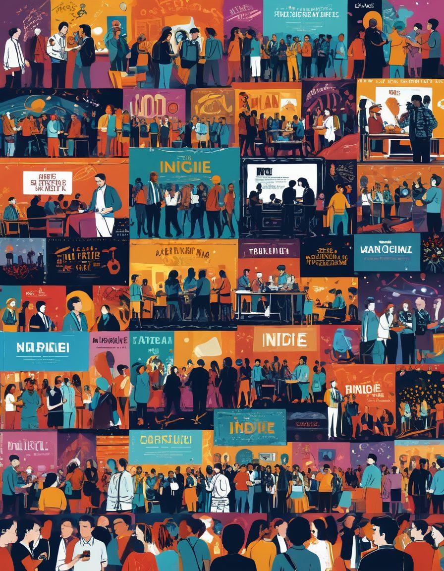 A vibrant collage featuring elements of indie film festivals, including film reels, festival awards, and scenes of diverse filmmakers presenting their work. Illustrate a bustling festival environment with colorful banners, crowds engaged in discussions, and innovative film technology like drones capturing scenes. Incorporate artistic representations of cultural icons from various backgrounds to symbolize the cultural impact of indie films. The overall tone should be energetic and inspiring. vector art. vibrant colors.