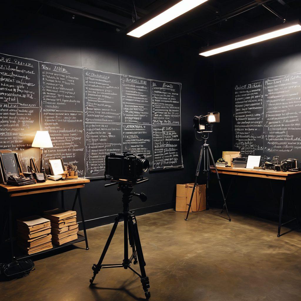 A behind-the-scenes view of an indie film set, showcasing passionate filmmakers and actors in action amidst vibrant lighting and intricate set designs. The focal point is a film camera mounted on a tripod, capturing a heartfelt performance, surrounded by clapperboards and scripts scattered on the floor. In the background, a chalkboard with handwritten notes about artistry adds creative tension to the scene. The atmosphere is alive with creativity and collaboration. super-realistic. vibrant colors. cinematic lighting.