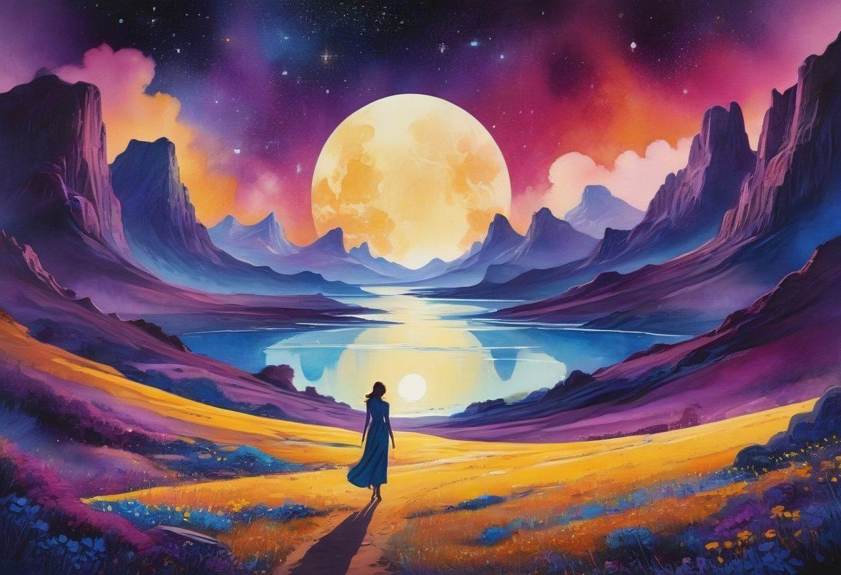 A vibrant film reel unfurling across a mystical landscape, with iconic independent films visually represented as whimsical characters and abstract shapes. The background features stars and a glowing moon, symbolizing creativity and imagination. Highlight a variety of colors that evoke emotions and enchantment, captivating the essence of cinema. watercolor. vibrant colors. surrealistic.